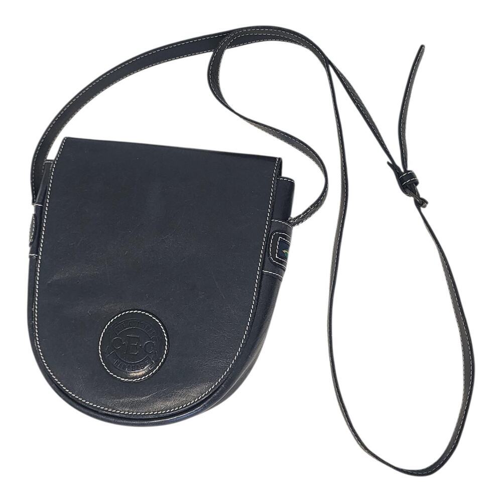 Vintage Black Leather Crossbody Purse Embroidered Duck Saddleback CEC Cord